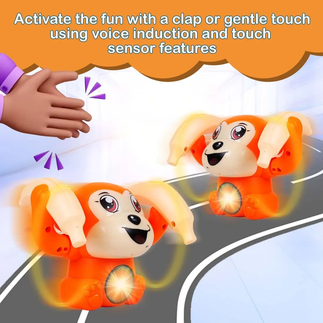 Gooyo GY-2020 Battery Operated Voice Control Monkey Toy with Musical, Dancing,Spinning,Rolling and Sensor Feature for Gifts/Kids/Babies/Boys/Girls|Orange Color,Power Source:3xAAA Battery(Not Included)