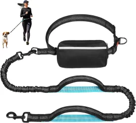 Hands Free Dog Running Leash with Adjustable Waist Belt, Dual Handle Elastic Bungees Retractable Rope for Medium and Large Dogs, Reflective Stitches for Walking Hiking Biking