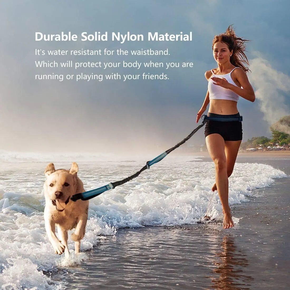 Hands Free Dog Running Leash with Adjustable Waist Belt, Dual Handle Elastic Bungees Retractable Rope for Small and Medium Dogs, Reflective Stitches for Walking Hiking Biking (Medium, 8-25lb)