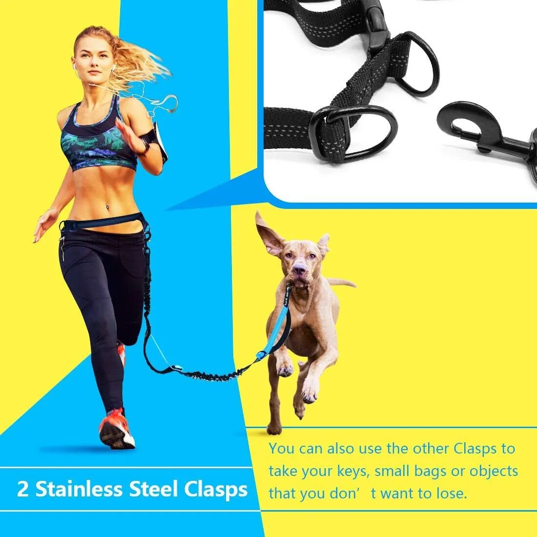 Hands Free Dog Running Leash with Adjustable Waist Belt, Dual Handle Elastic Bungees Retractable Rope for Small and Medium Dogs, Reflective Stitches for Walking Hiking Biking (Medium, 8-25lb)