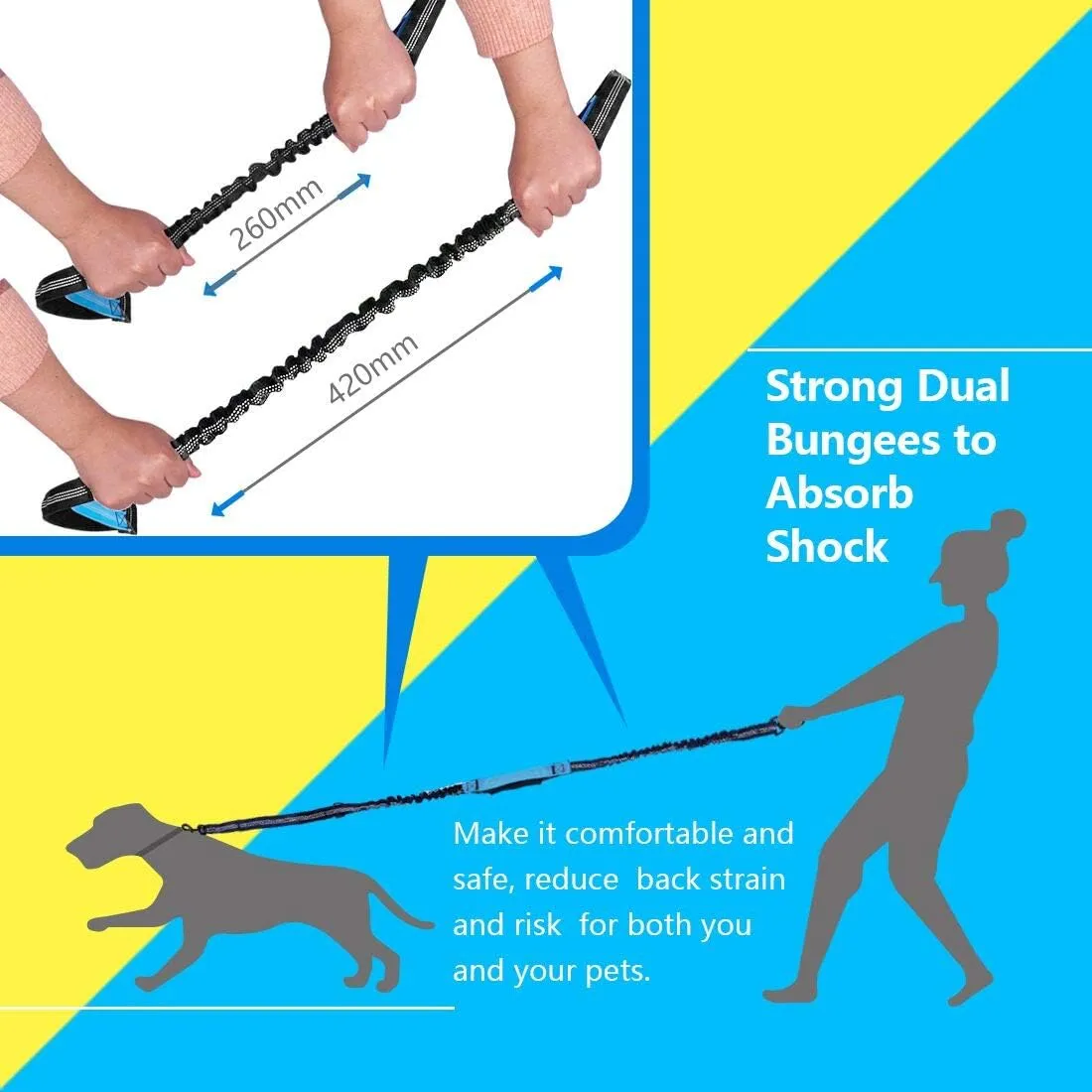 Hands Free Dog Running Leash with Adjustable Waist Belt, Dual Handle Elastic Bungees Retractable Rope for Small and Medium Dogs, Reflective Stitches for Walking Hiking Biking (Medium, 8-25lb)