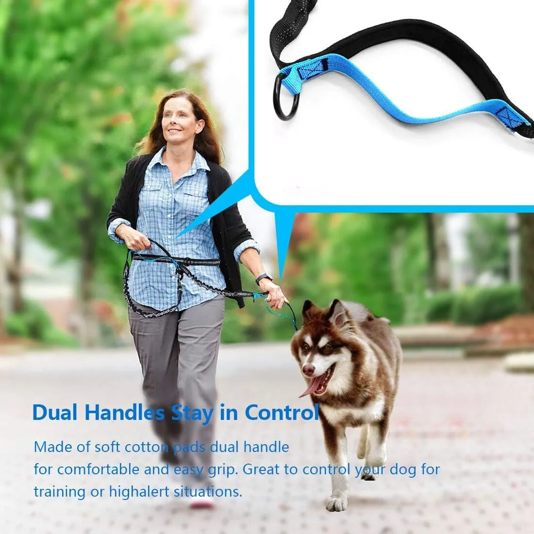 Hands Free Dog Running Leash with Adjustable Waist Belt, Dual Handle Elastic Bungees Retractable Rope for Small and Medium Dogs, Reflective Stitches for Walking Hiking Biking (Medium, 8-25lb)