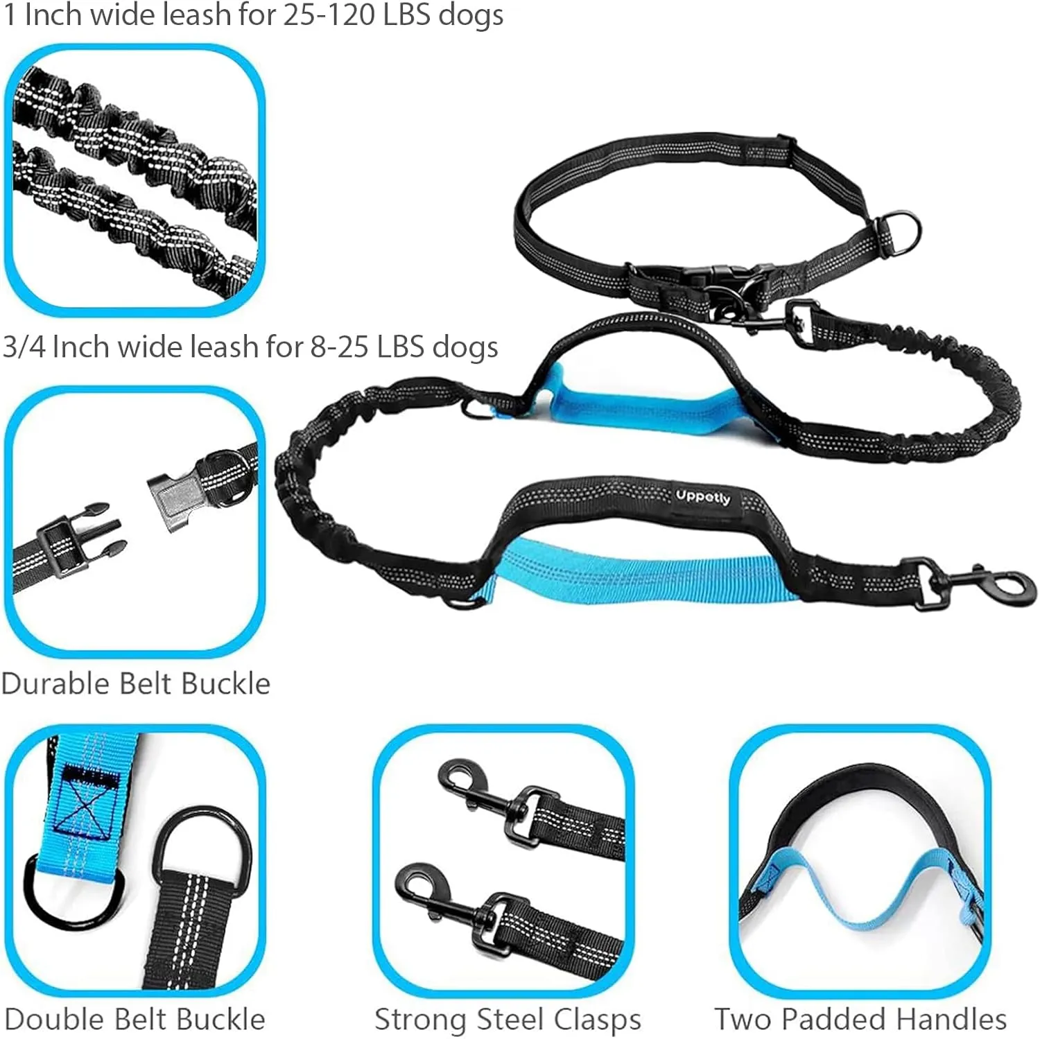 Hands Free Dog Running Leash with Adjustable Waist Belt, Dual Handle Elastic Bungees Retractable Rope for Small and Medium Dogs, Reflective Stitches for Walking Hiking Biking (Medium, 8-25lb)