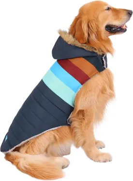 HDE Dog Puffer Jacket Fleece Lined Warm Dog Parka Winter Coat with Harness Hole Navy Retro Stripe - L