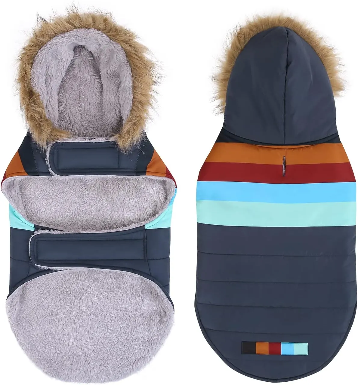 HDE Dog Puffer Jacket Fleece Lined Warm Dog Parka Winter Coat with Harness Hole Navy Retro Stripe - L