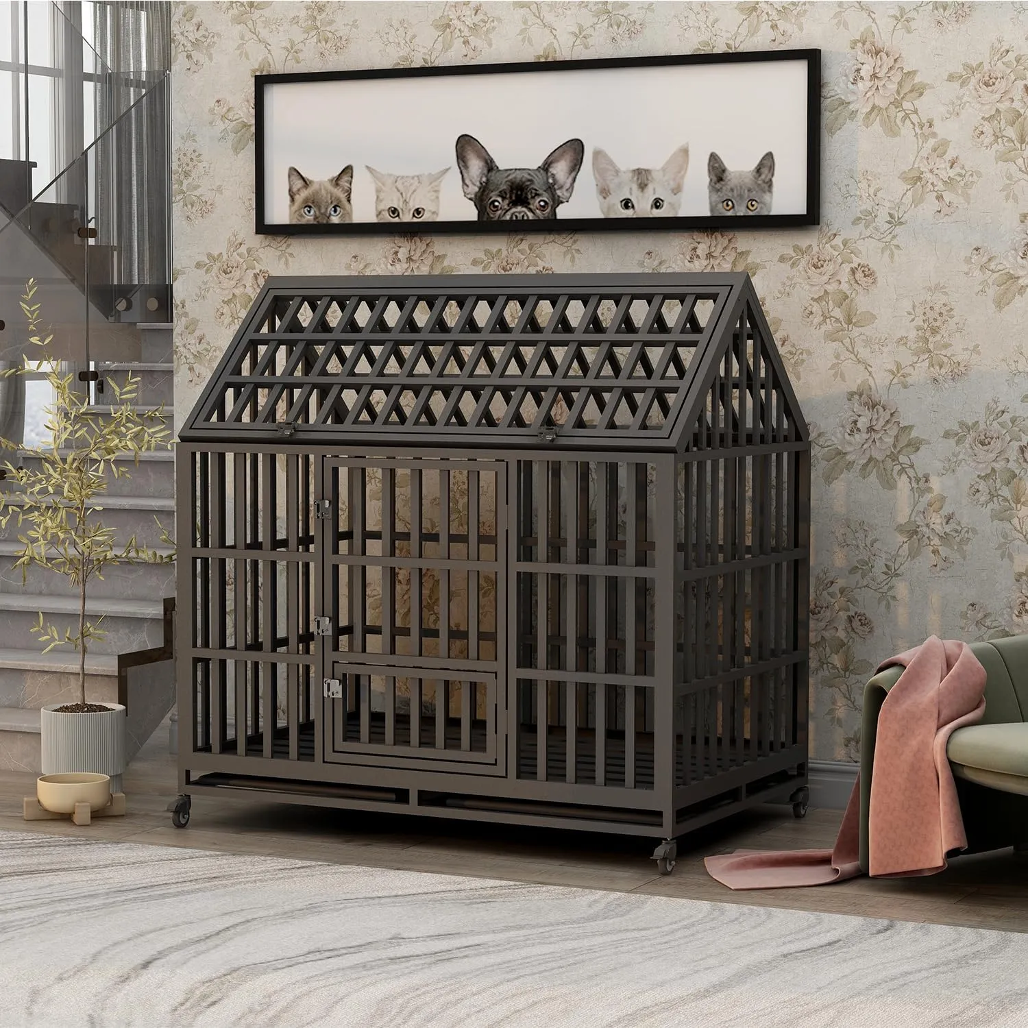 Heavy Duty Dog Cage Crate Kennel Playpen, Large Strong Metal for Small Medium Large Dogs and Pets, Easy to Assemble with Prevent Escape Locks and Removable Trays, 47''/Black