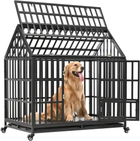 Heavy Duty Dog Cage Crate Kennel Playpen, Large Strong Metal for Small Medium Large Dogs and Pets, Easy to Assemble with Prevent Escape Locks and Removable Trays, 47''/Black