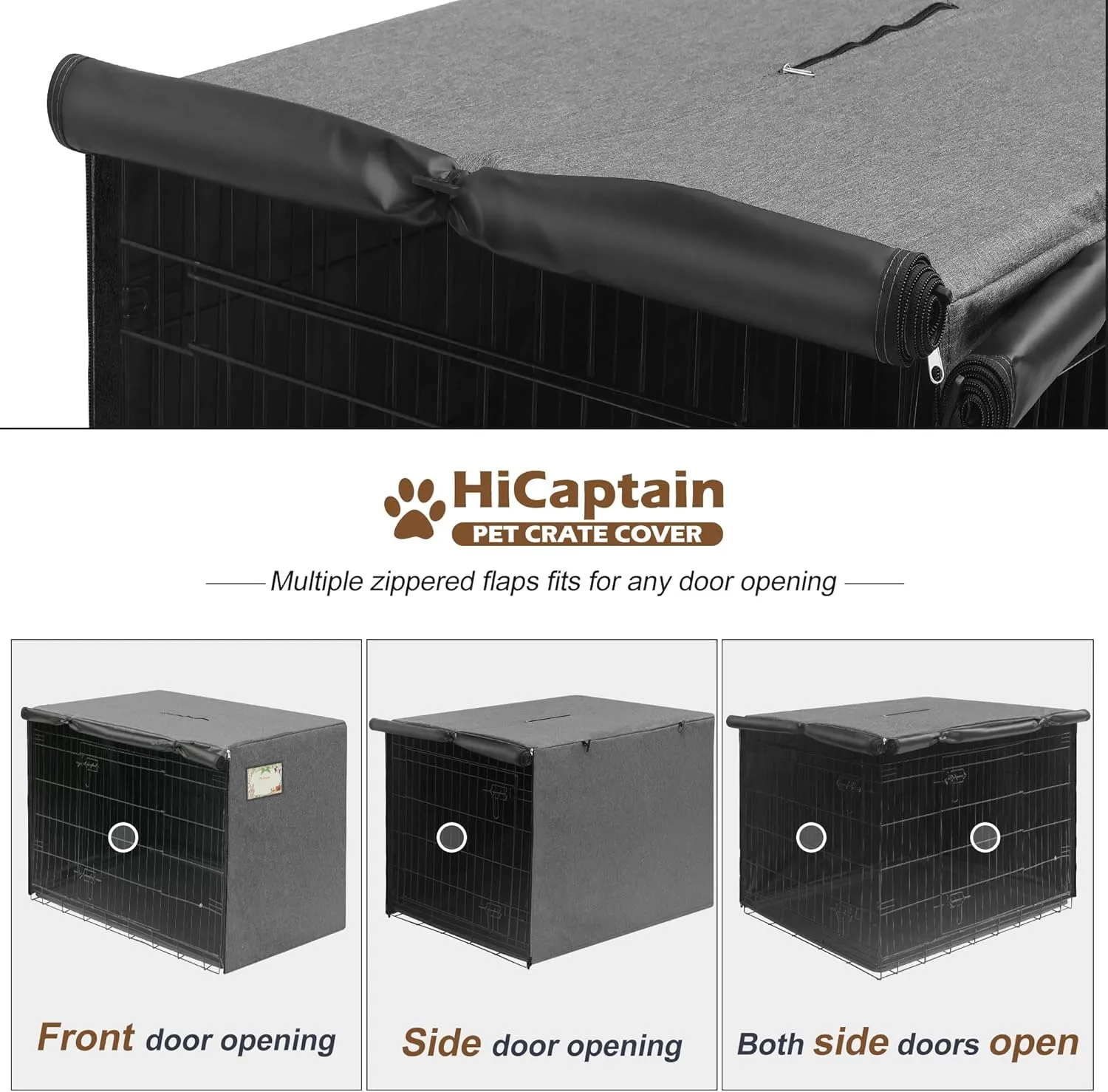 HiCaptain 42 inches Dog Crate Cover with Card Pocket, Heavy Duty Polyester Windproof Pet Kennel Cover Universal Fit for 1 or 2 Doors Standard Wire Crate (Grey)
