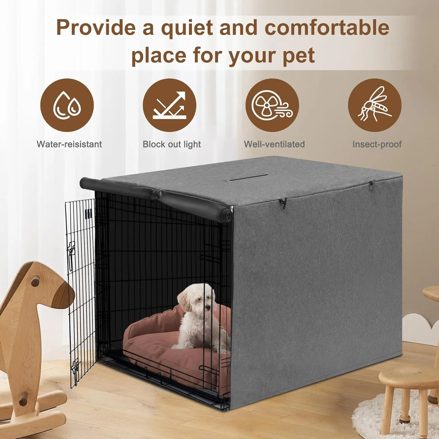 HiCaptain 42 inches Dog Crate Cover with Card Pocket, Heavy Duty Polyester Windproof Pet Kennel Cover Universal Fit for 1 or 2 Doors Standard Wire Crate (Grey)