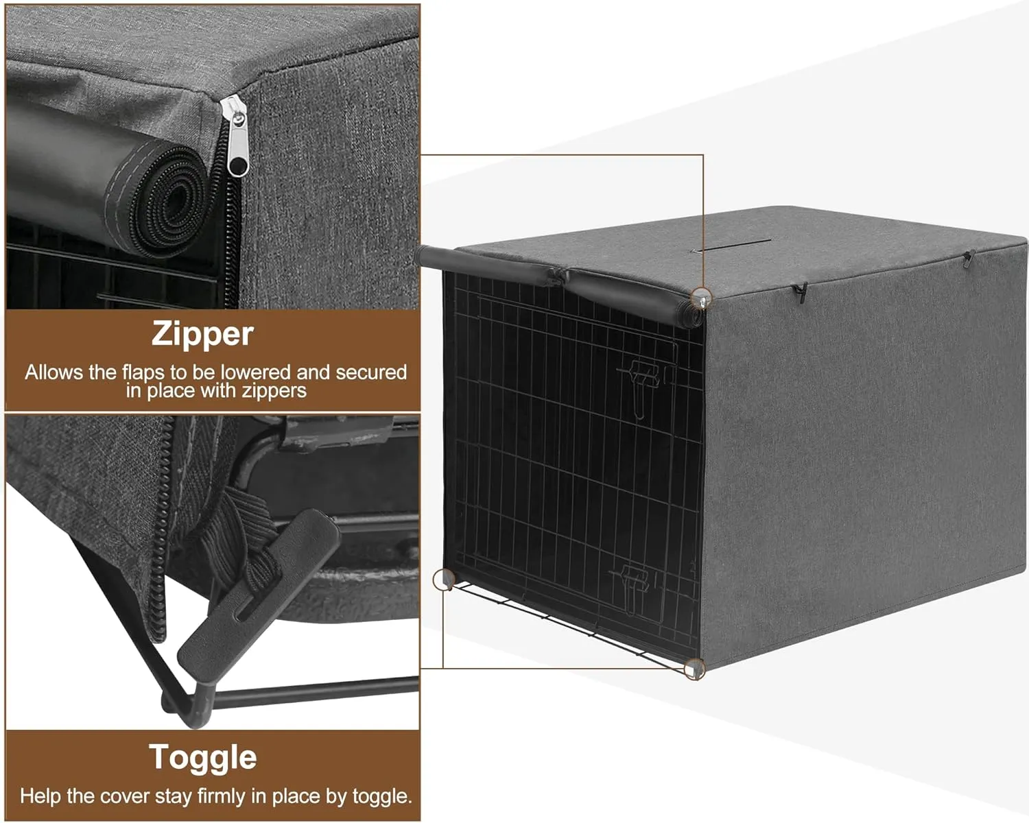 HiCaptain 42 inches Dog Crate Cover with Card Pocket, Heavy Duty Polyester Windproof Pet Kennel Cover Universal Fit for 1 or 2 Doors Standard Wire Crate (Grey)
