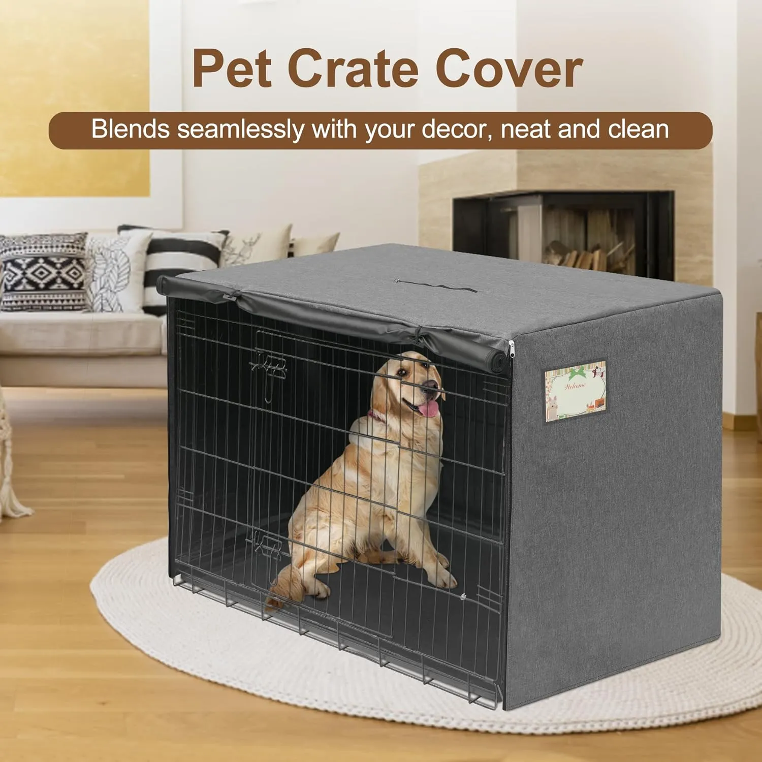 HiCaptain 42 inches Dog Crate Cover with Card Pocket, Heavy Duty Polyester Windproof Pet Kennel Cover Universal Fit for 1 or 2 Doors Standard Wire Crate (Grey)
