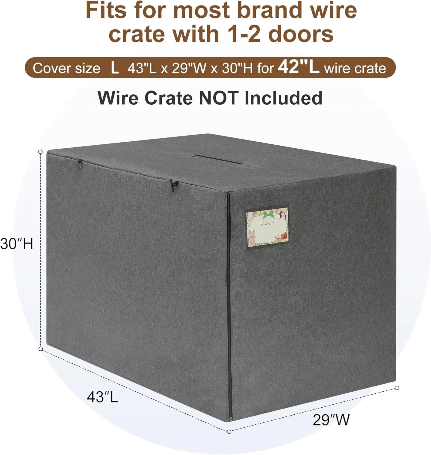 HiCaptain 42 inches Dog Crate Cover with Card Pocket, Heavy Duty Polyester Windproof Pet Kennel Cover Universal Fit for 1 or 2 Doors Standard Wire Crate (Grey)