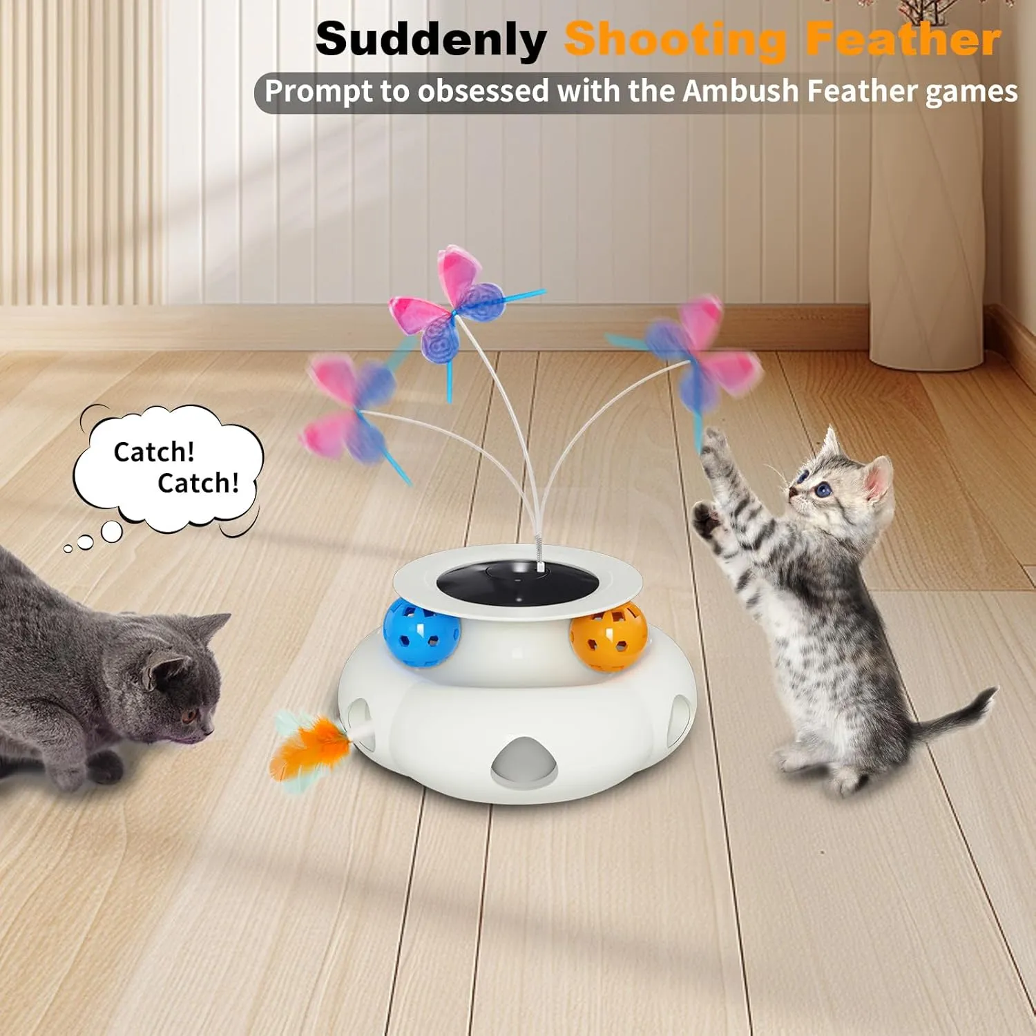 Interactive Cat Toys for Indoor Cats, 3in1 Rechargeable Pet Teaser Toy with Ambush Feather Wand, Fluttering Butterfly and Track Balls, Touch Activated Automatic Kitten Toys with Remote Control