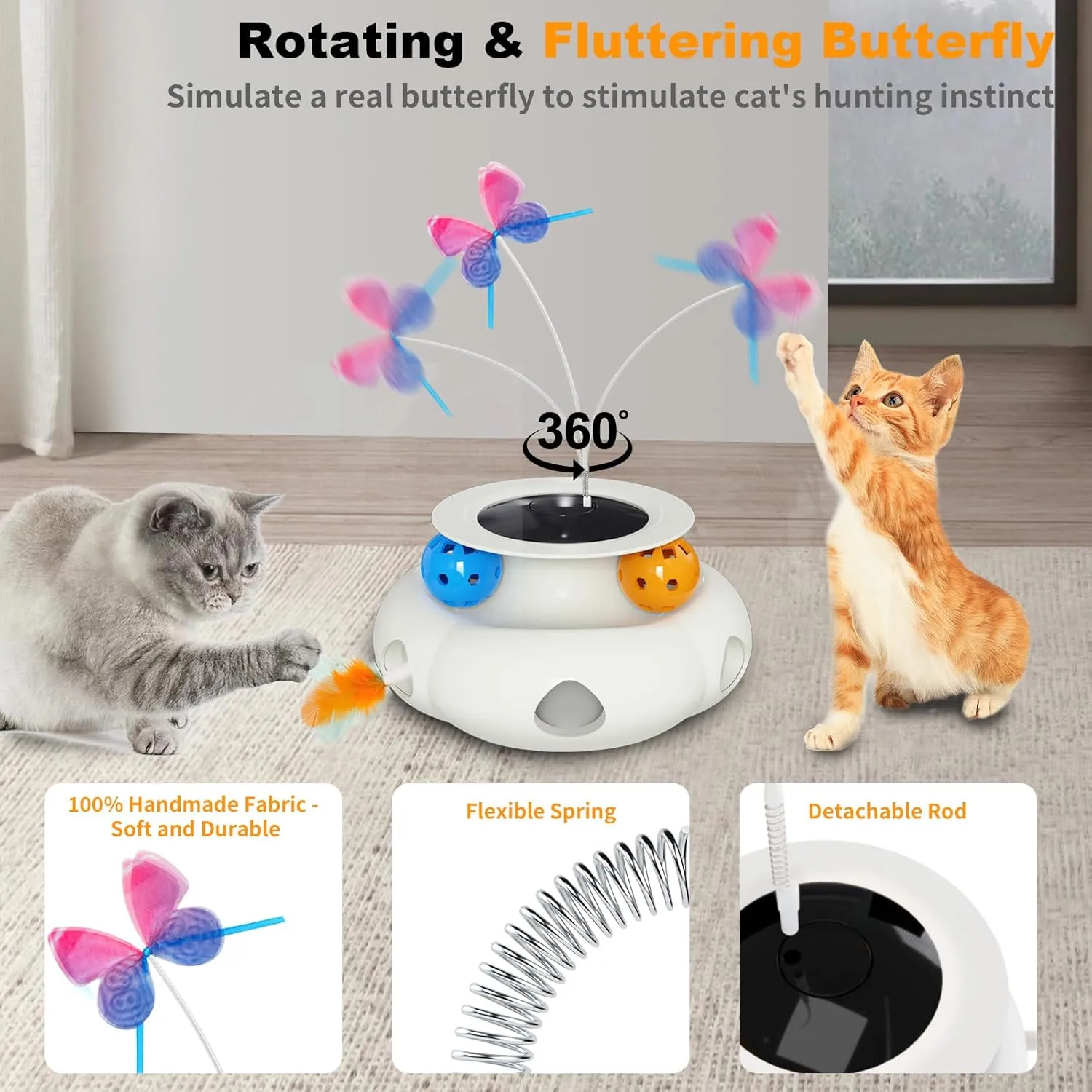 Interactive Cat Toys for Indoor Cats, 3in1 Rechargeable Pet Teaser Toy with Ambush Feather Wand, Fluttering Butterfly and Track Balls, Touch Activated Automatic Kitten Toys with Remote Control
