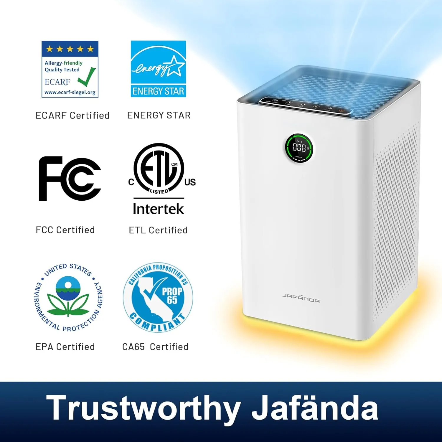 Jafnda Air Purifiers for Home Large Room Up To 1190ft, True HEPA 13 Filter, Activated Carbon Remove 99.97% Dust Smoke Odor Pollen Pets Hair Dander Allergies, Quiet Sleep Mode 23dB, Night Light