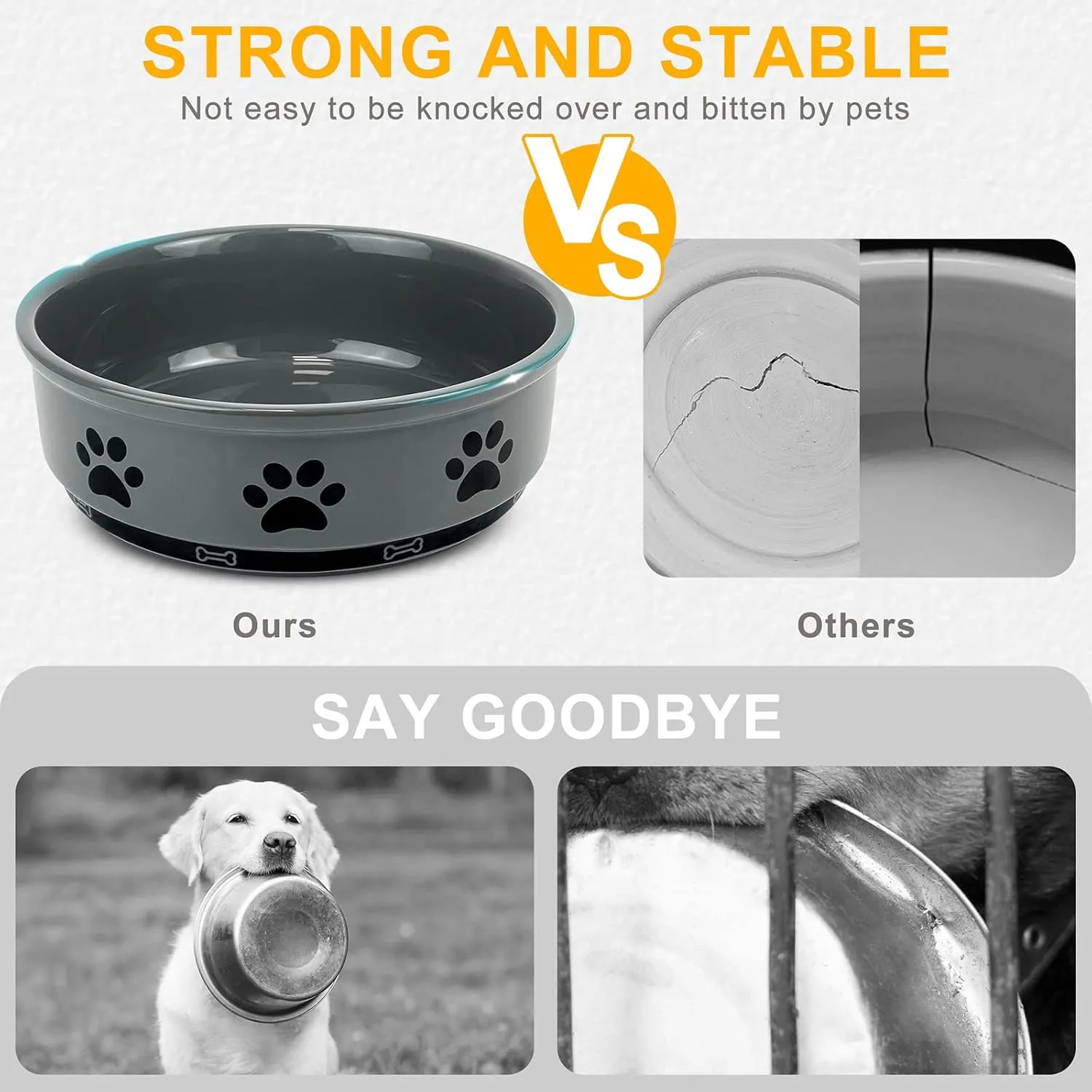 KPWACD Ceramic Pet Bowl for Dogs and Cats, Weighted Non-Slip Dog Bowls Food and Water Dish, Durable Pets Feeding Bowls Suitable for Small, Medium, and Large Dogs, Grey, 36 Oz