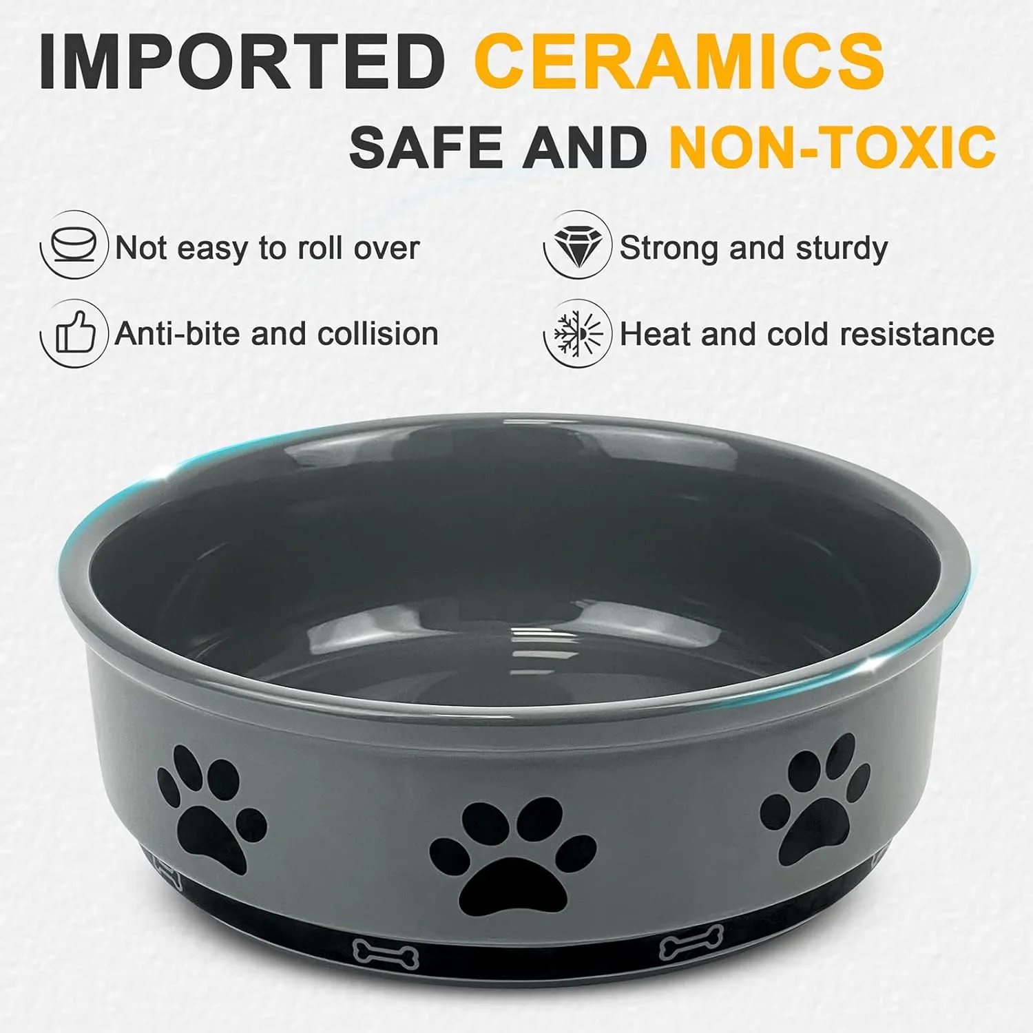 KPWACD Ceramic Pet Bowl for Dogs and Cats, Weighted Non-Slip Dog Bowls Food and Water Dish, Durable Pets Feeding Bowls Suitable for Small, Medium, and Large Dogs, Grey, 36 Oz