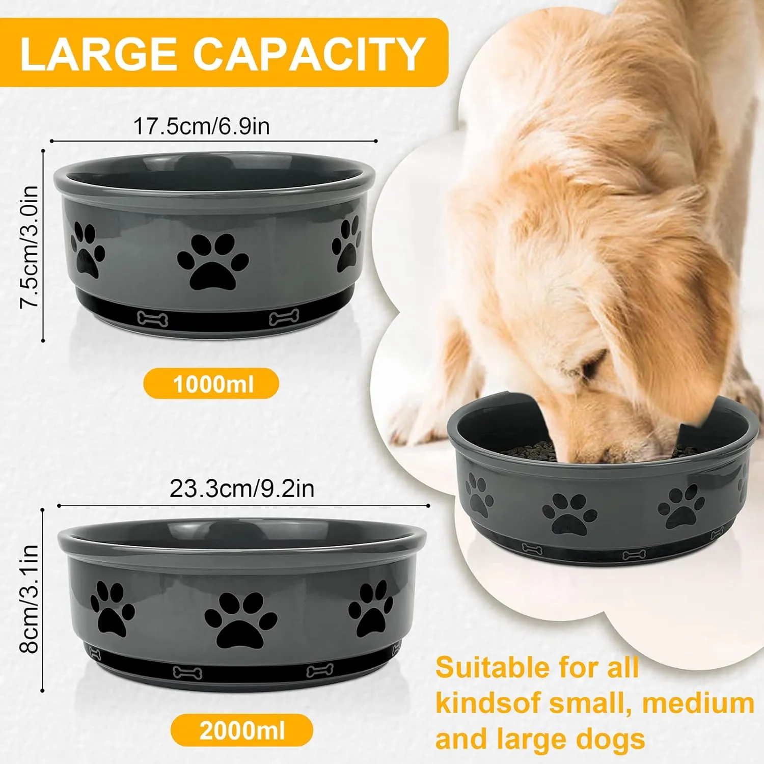 KPWACD Ceramic Pet Bowl for Dogs and Cats, Weighted Non-Slip Dog Bowls Food and Water Dish, Durable Pets Feeding Bowls Suitable for Small, Medium, and Large Dogs, Grey, 36 Oz