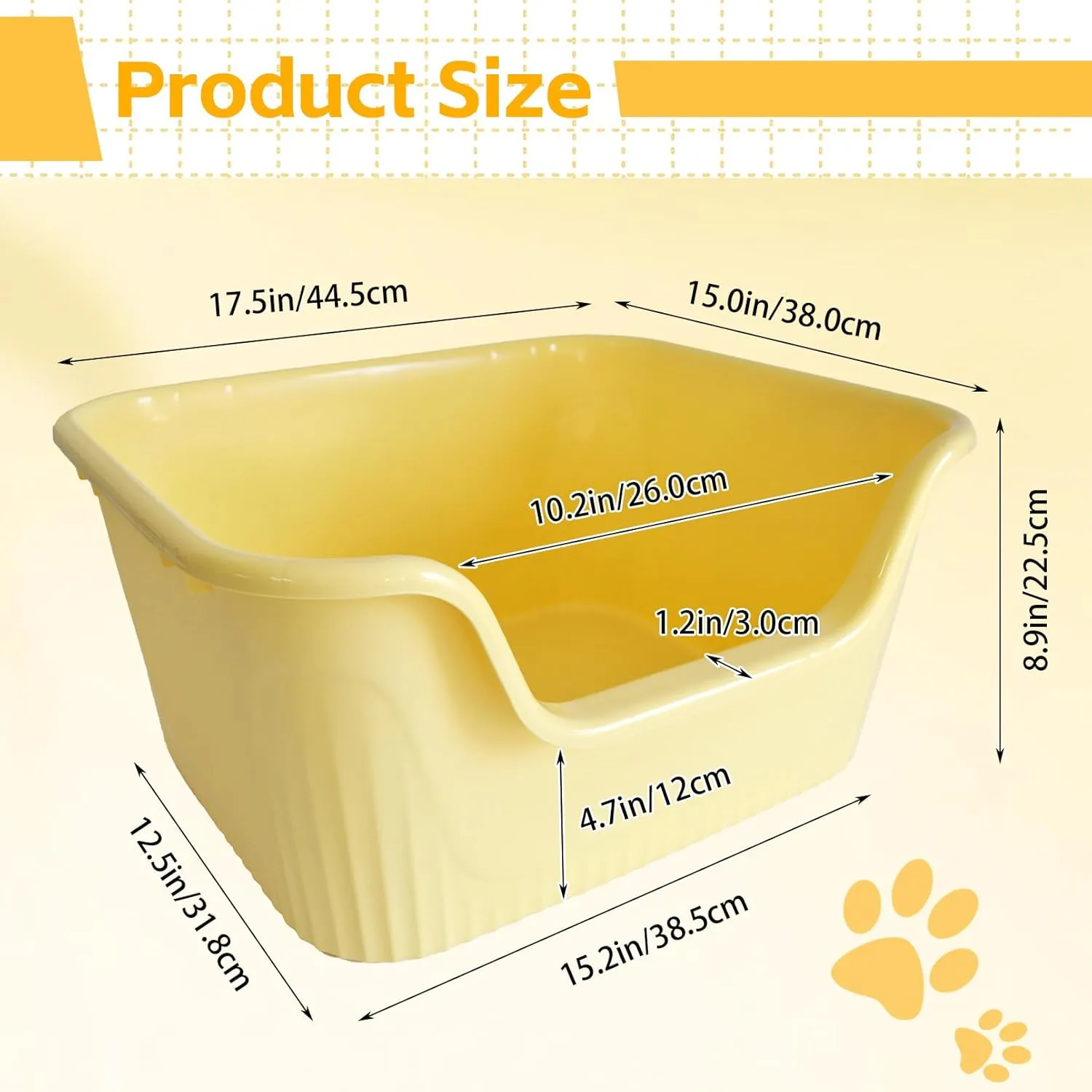 Large Cat Litter Box with High Sides,17.5"x15"x8.9" Open Top Cat Litter Pan Anti Splashing Non-Stick Litter Tray Low Entry Cat Litter Boxes Jumbo Kitty Litter Toilet Easy Clean for Cats(Yellow)