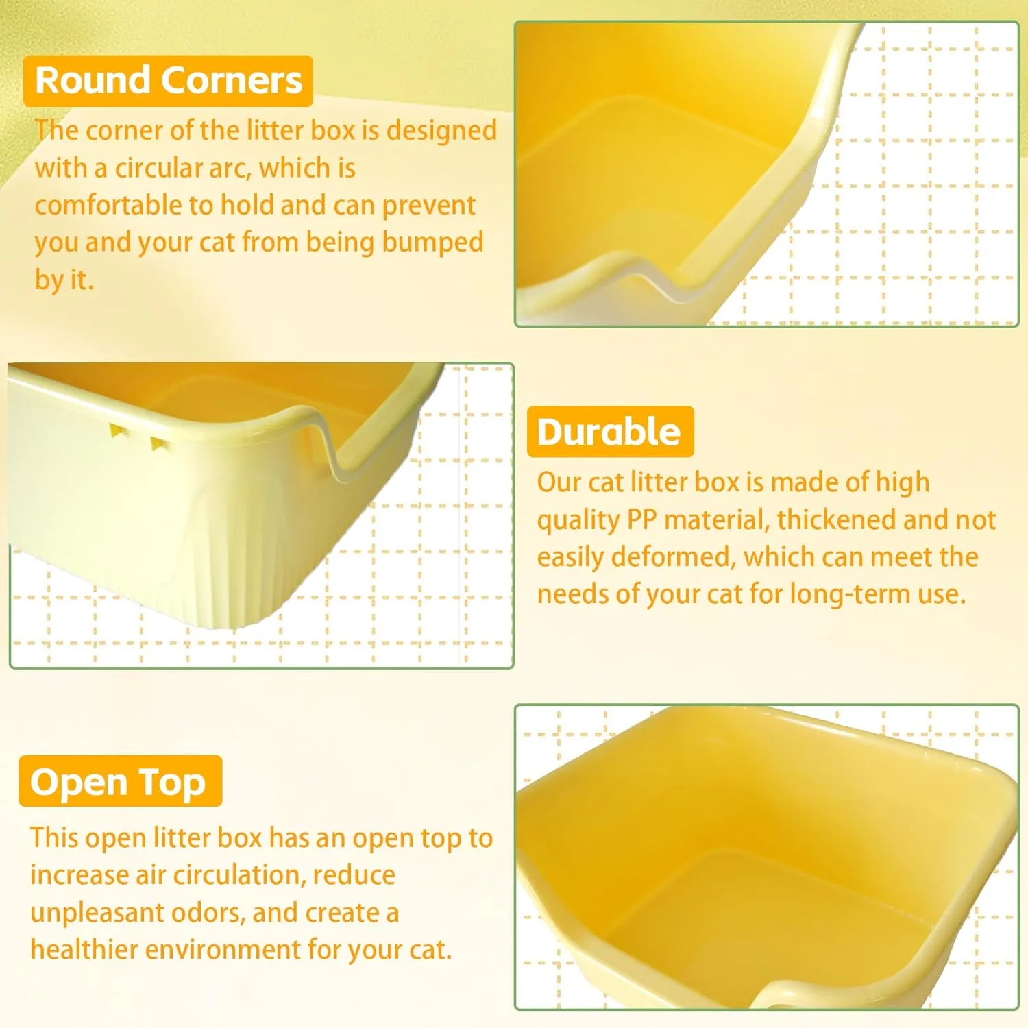 Large Cat Litter Box with High Sides,17.5"x15"x8.9" Open Top Cat Litter Pan Anti Splashing Non-Stick Litter Tray Low Entry Cat Litter Boxes Jumbo Kitty Litter Toilet Easy Clean for Cats(Yellow)