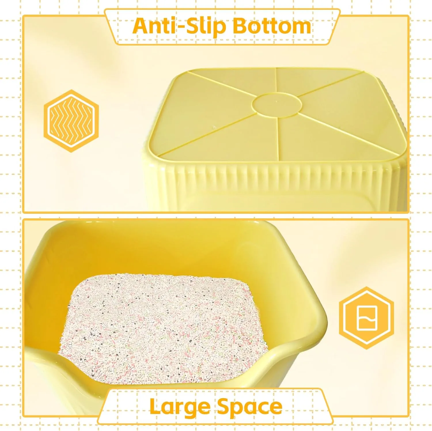 Large Cat Litter Box with High Sides,17.5"x15"x8.9" Open Top Cat Litter Pan Anti Splashing Non-Stick Litter Tray Low Entry Cat Litter Boxes Jumbo Kitty Litter Toilet Easy Clean for Cats(Yellow)