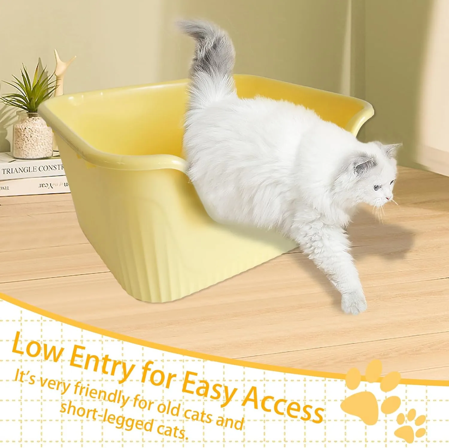 Large Cat Litter Box with High Sides,17.5"x15"x8.9" Open Top Cat Litter Pan Anti Splashing Non-Stick Litter Tray Low Entry Cat Litter Boxes Jumbo Kitty Litter Toilet Easy Clean for Cats(Yellow)