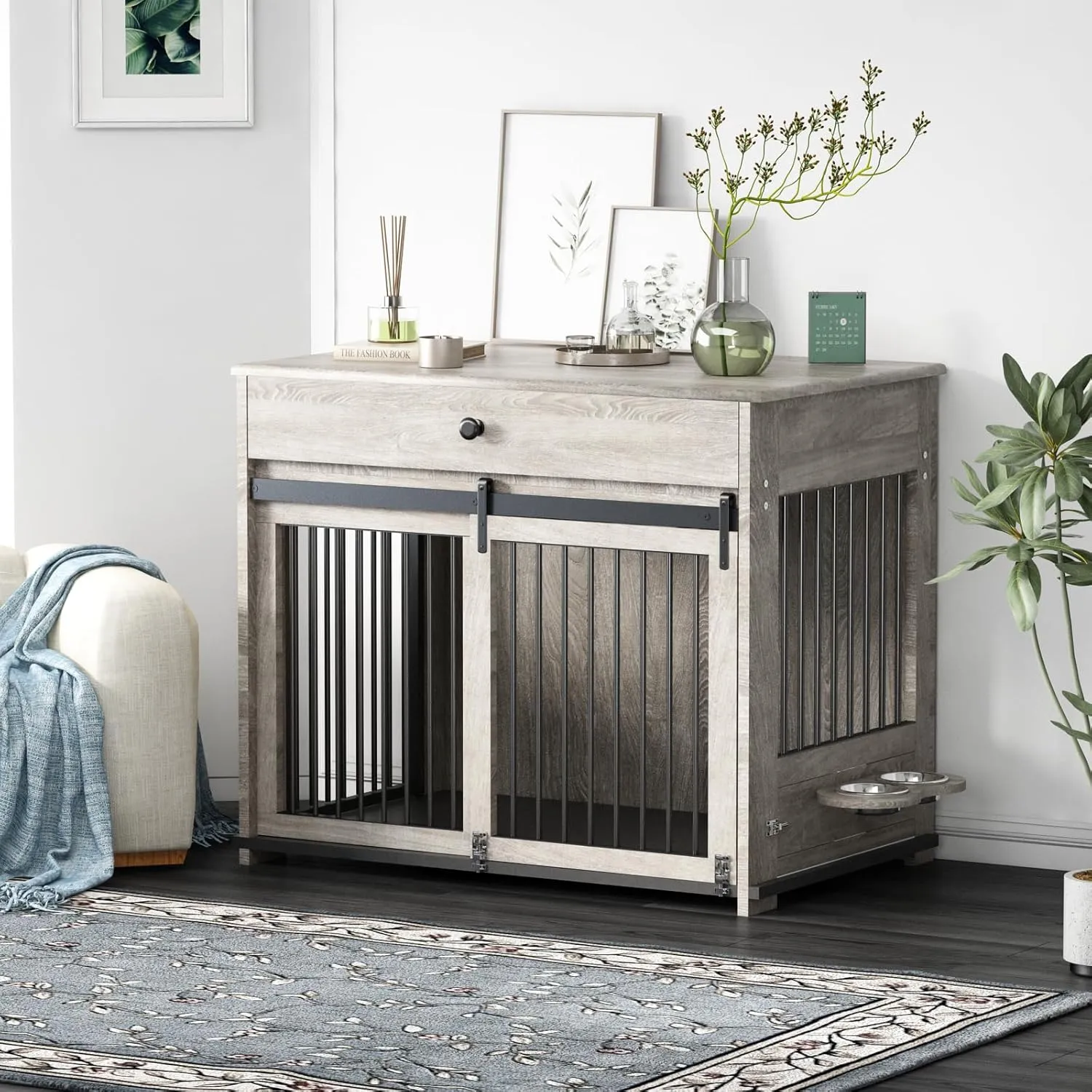 Large Dog Crate with Sliding Door, Furniture-Style Wooden Indoor Kennel, Integrated Side Table & Drawer, Secure Lock, 360 Rotating Bowl, Modern Pet House - Ideal for Home Decor (Grey)