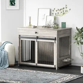 Large Dog Crate with Sliding Door, Furniture-Style Wooden Indoor Kennel, Integrated Side Table & Drawer, Secure Lock, 360 Rotating Bowl, Modern Pet House - Ideal for Home Decor (Grey)