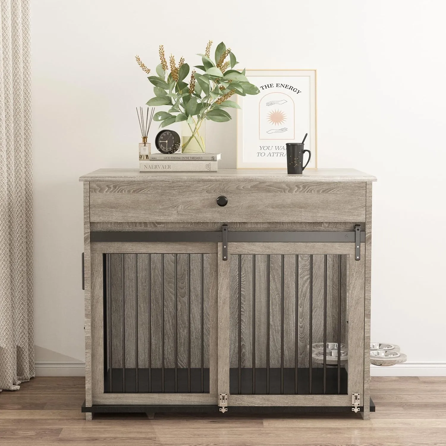Large Dog Crate with Sliding Door, Furniture-Style Wooden Indoor Kennel, Integrated Side Table & Drawer, Secure Lock, 360 Rotating Bowl, Modern Pet House - Ideal for Home Decor (Grey)