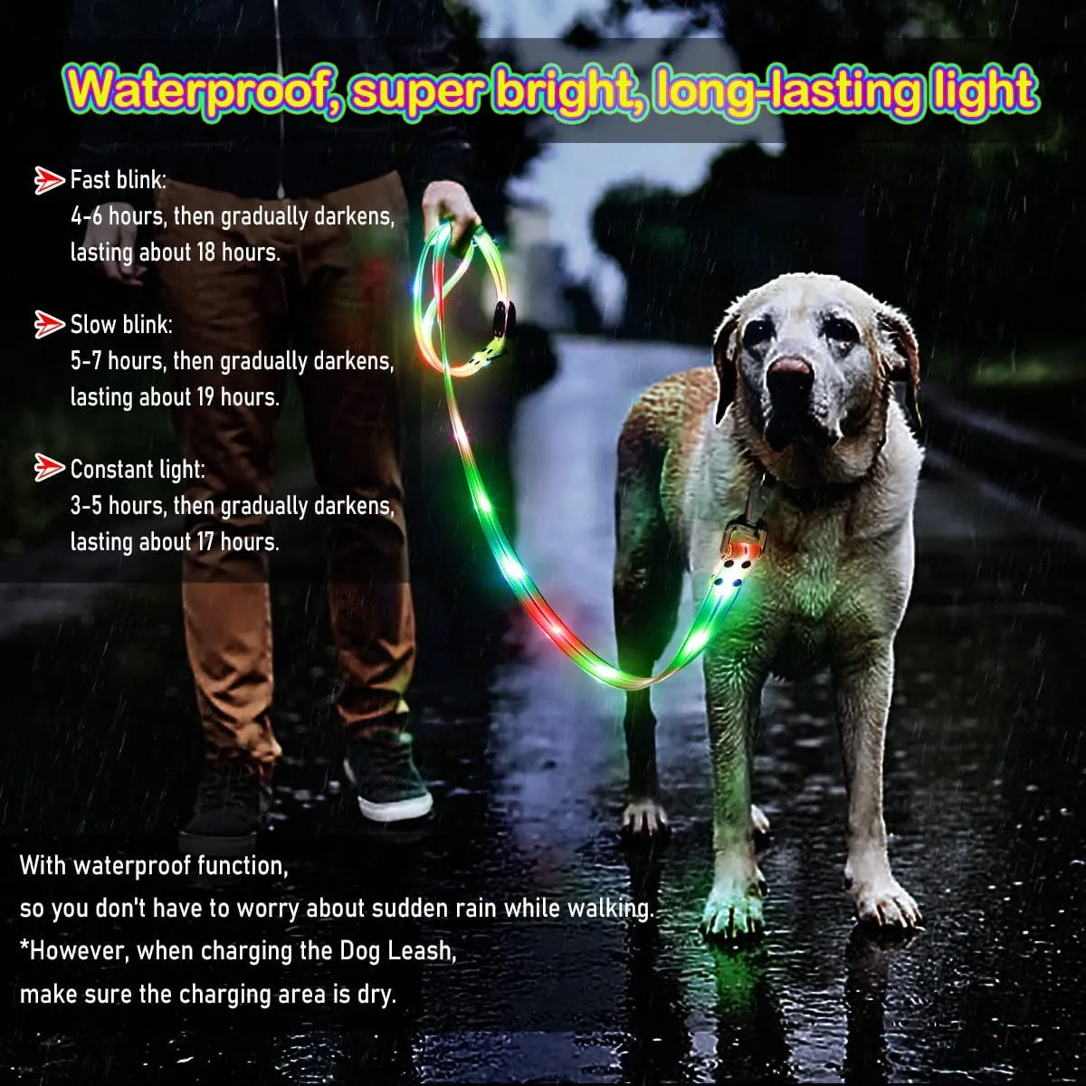 LED Waterproof Pet Dog Leash USB Rechargeable Fashionable Color Glow in The Dark Night Walk Safety Dog Leash for Medium to Large Dogs