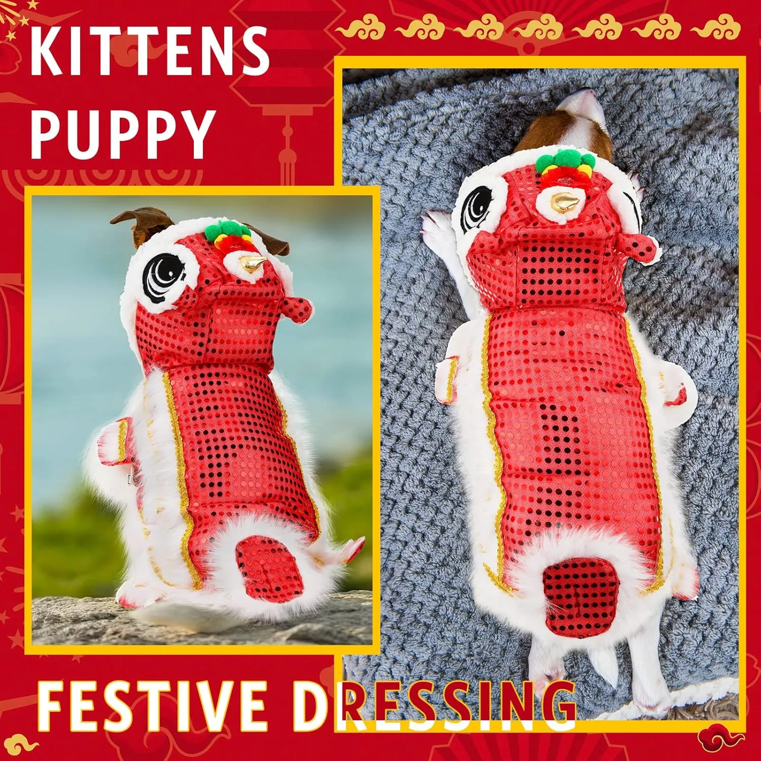LEIFIDE Lion Dance Dog Costume Chinese New Year Pet Costume with Sequins Chinese Lion Dance Cloth Dog Clothes Hoodies Coat for pet New Year Spring Festival Dress up(Small,Red)