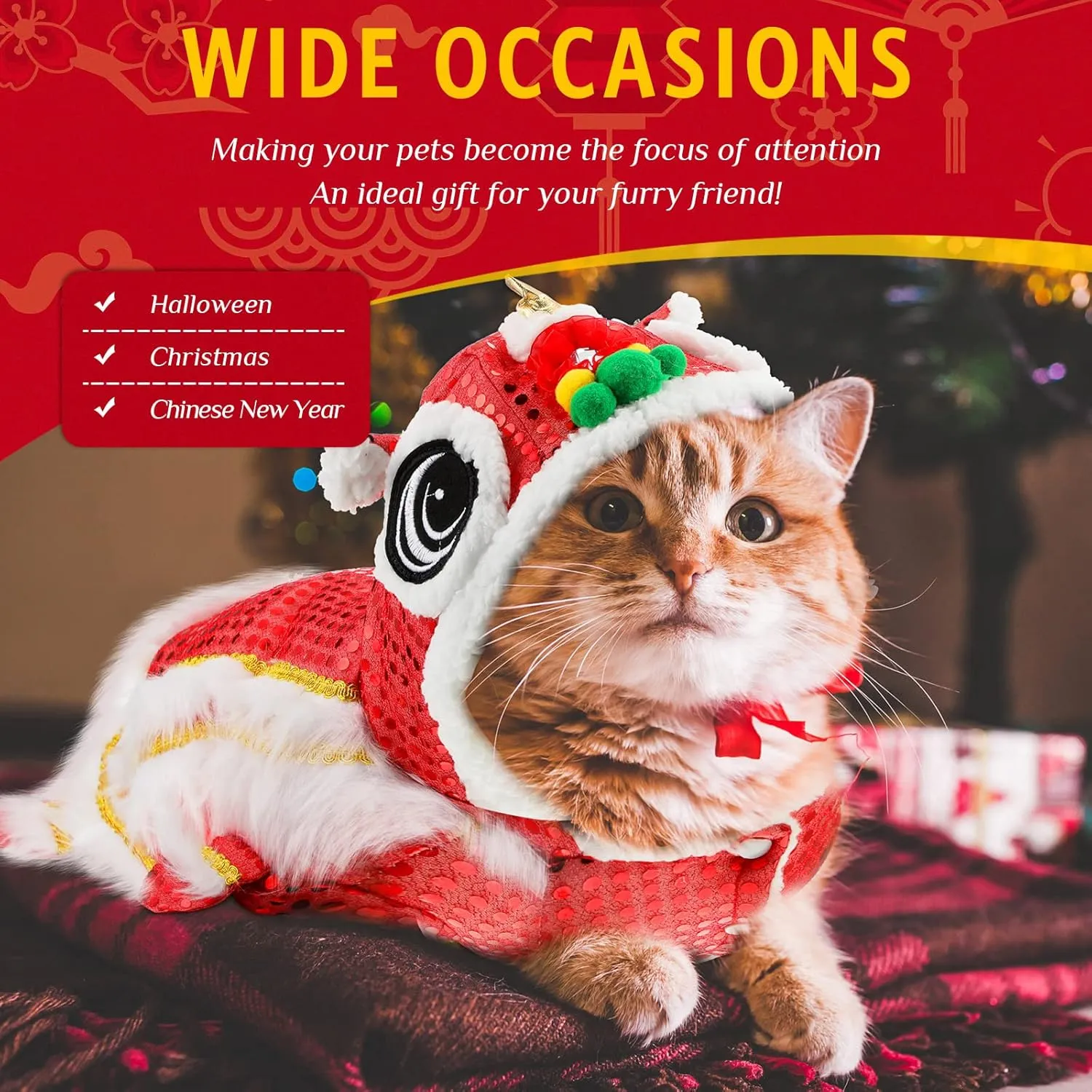 LEIFIDE Lion Dance Dog Costume Chinese New Year Pet Costume with Sequins Chinese Lion Dance Cloth Dog Clothes Hoodies Coat for pet New Year Spring Festival Dress up(Small,Red)