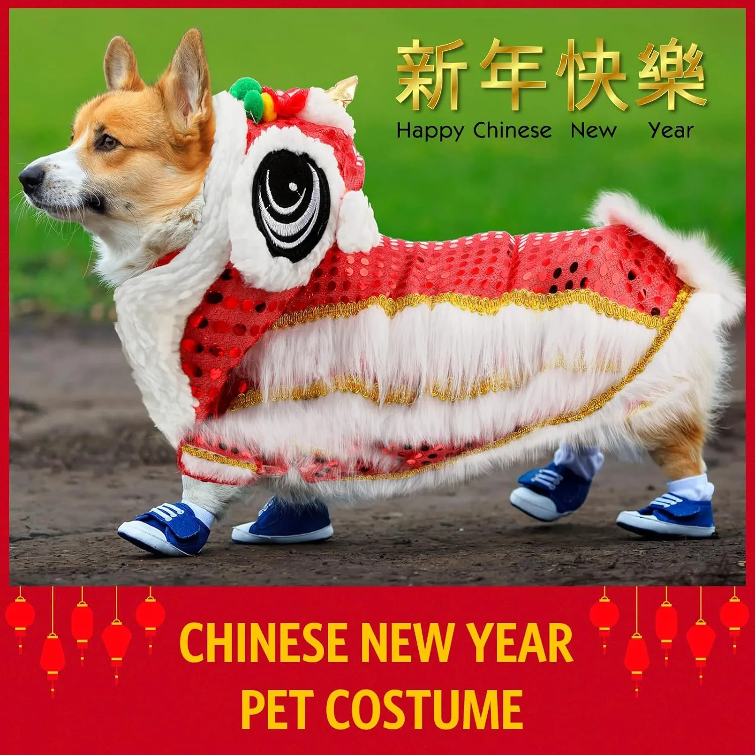 LEIFIDE Lion Dance Dog Costume Chinese New Year Pet Costume with Sequins Chinese Lion Dance Cloth Dog Clothes Hoodies Coat for pet New Year Spring Festival Dress up(Small,Red)