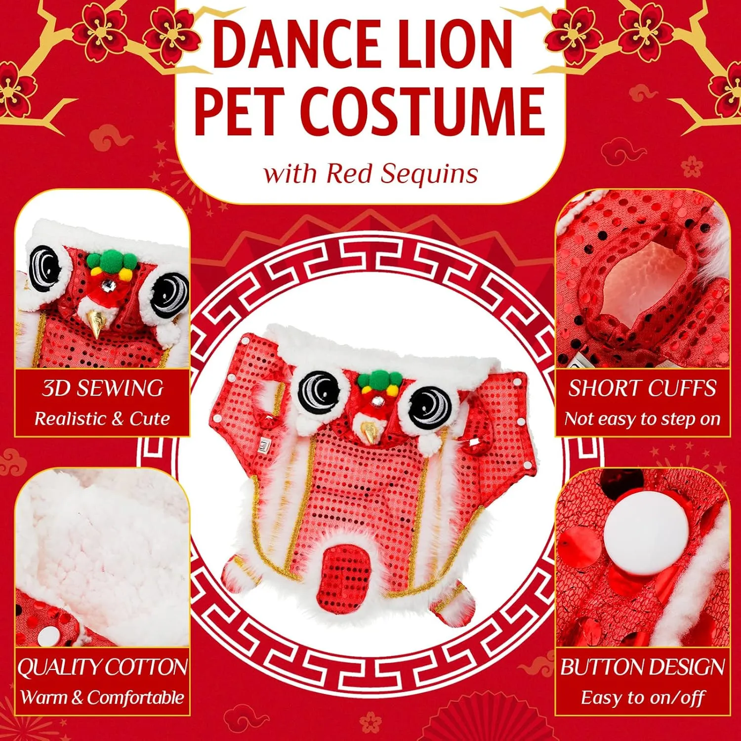 LEIFIDE Lion Dance Dog Costume Chinese New Year Pet Costume with Sequins Chinese Lion Dance Cloth Dog Clothes Hoodies Coat for pet New Year Spring Festival Dress up(Small,Red)