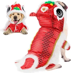 LEIFIDE Lion Dance Dog Costume Chinese New Year Pet Costume with Sequins Chinese Lion Dance Cloth Dog Clothes Hoodies Coat for pet New Year Spring Festival Dress up(Small,Red)