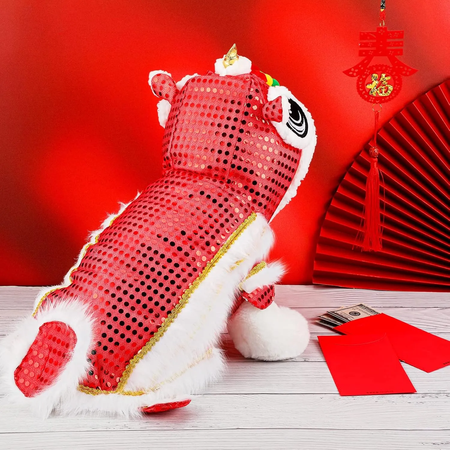 LEIFIDE Lion Dance Dog Costume Chinese New Year Pet Costume with Sequins Chinese Lion Dance Cloth Dog Clothes Hoodies Coat for pet New Year Spring Festival Dress up(Small,Red)