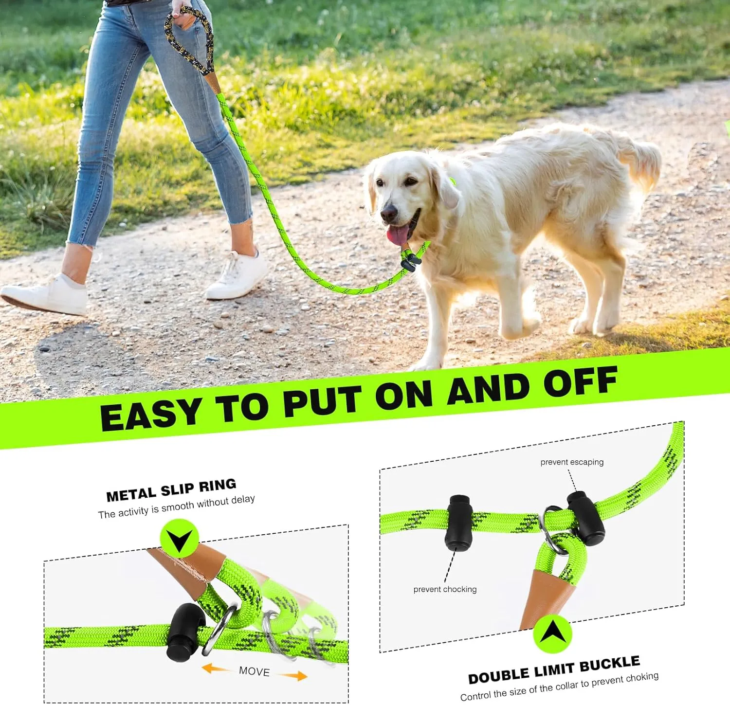 lynxking Slip Lead Dog Leash Reflective, Heavy Duty Comfortable Strong Rope for Large Medium Small Dogs No Pull Pet Training (Light Green, Large 1/2in x 6ft-Slip Lead)