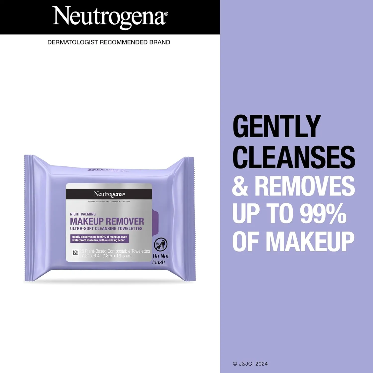 Neutrogena Makeup Remover Night Calming Cleansing Towelettes, Disposable Nighttime Face Wipes to Remove Dirt, Oil & Makeup, 25 ct