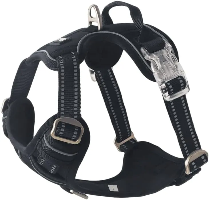 OUT'N WILD Quality No-Pull Dog Harness with 2 Leash Clips. Adjustable Soft Padded Reflective No-Choke Pet Oxford Vest, Easy Control Handle, Premium Transparent Buckles and Perl Nickel Hardware:Black/M