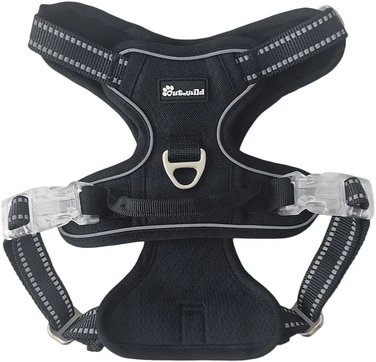 OUT'N WILD Quality No-Pull Dog Harness with 2 Leash Clips. Adjustable Soft Padded Reflective No-Choke Pet Oxford Vest, Easy Control Handle, Premium Transparent Buckles and Perl Nickel Hardware:Black/M