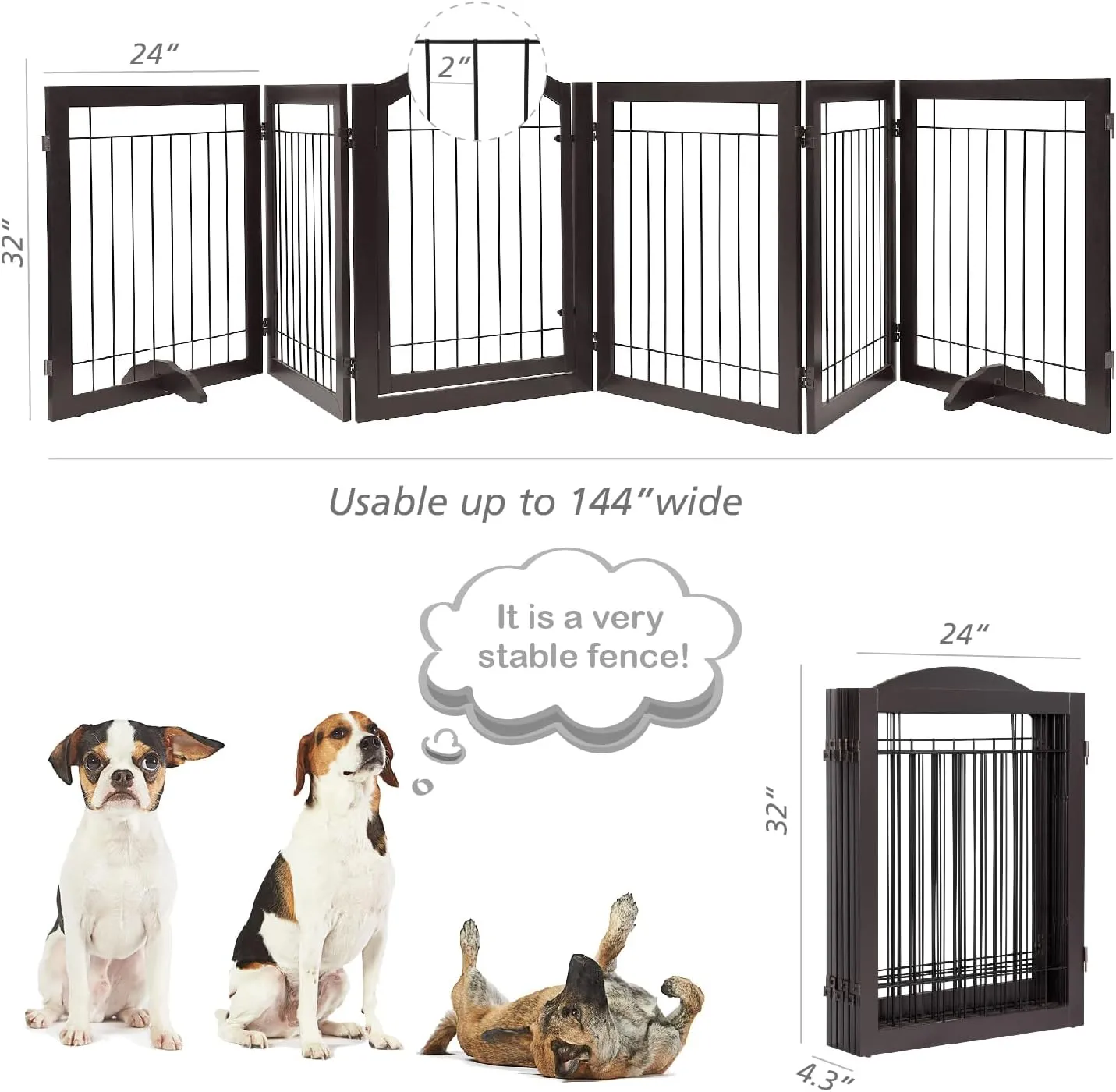 PAWLAND 144-inch Extra Wide 30-inches Tall Dog gate with Door Walk Through, Freestanding Wire Pet Gate for The House, Doorway, Stairs, Pet Puppy Safety Fence, Support Feet Included, Espresso,6 Panels