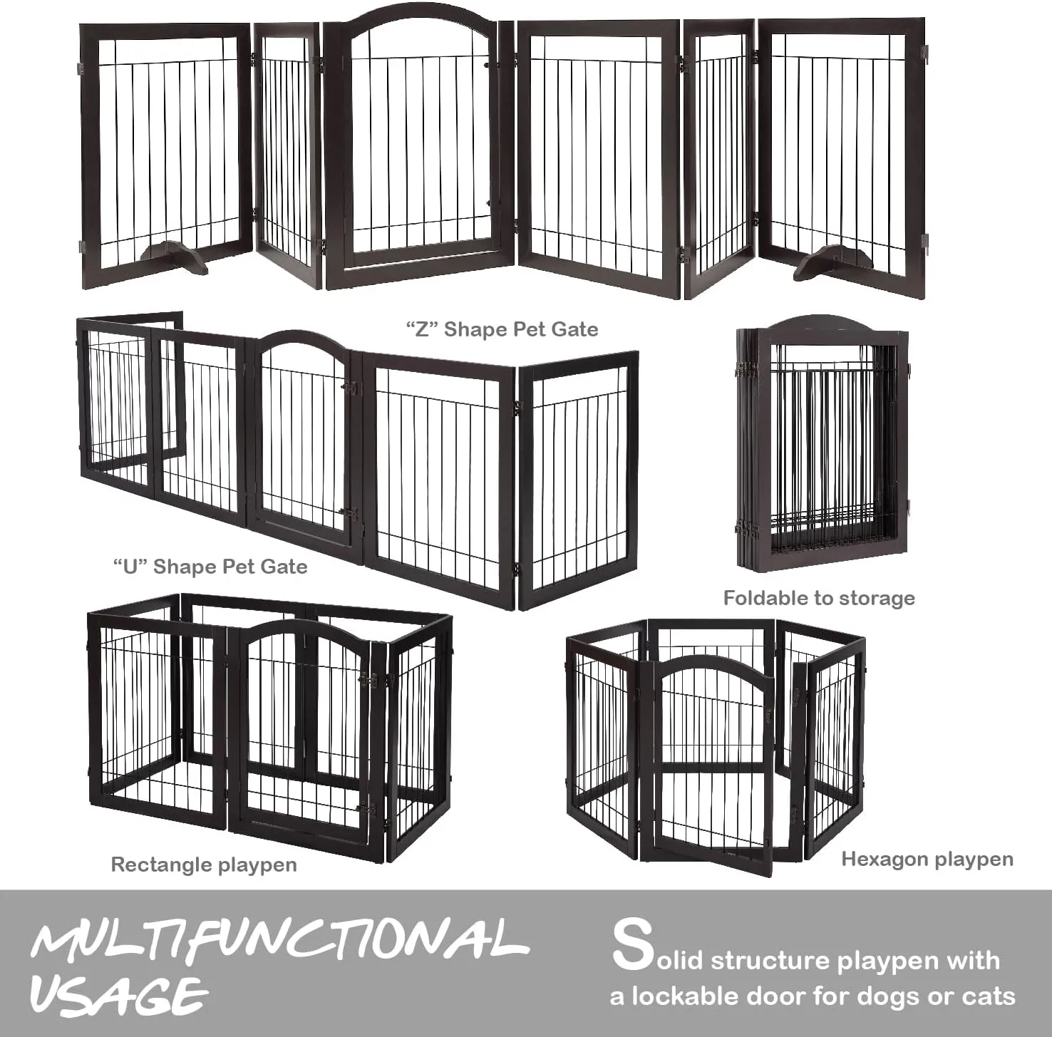 PAWLAND 144-inch Extra Wide 30-inches Tall Dog gate with Door Walk Through, Freestanding Wire Pet Gate for The House, Doorway, Stairs, Pet Puppy Safety Fence, Support Feet Included, Espresso,6 Panels