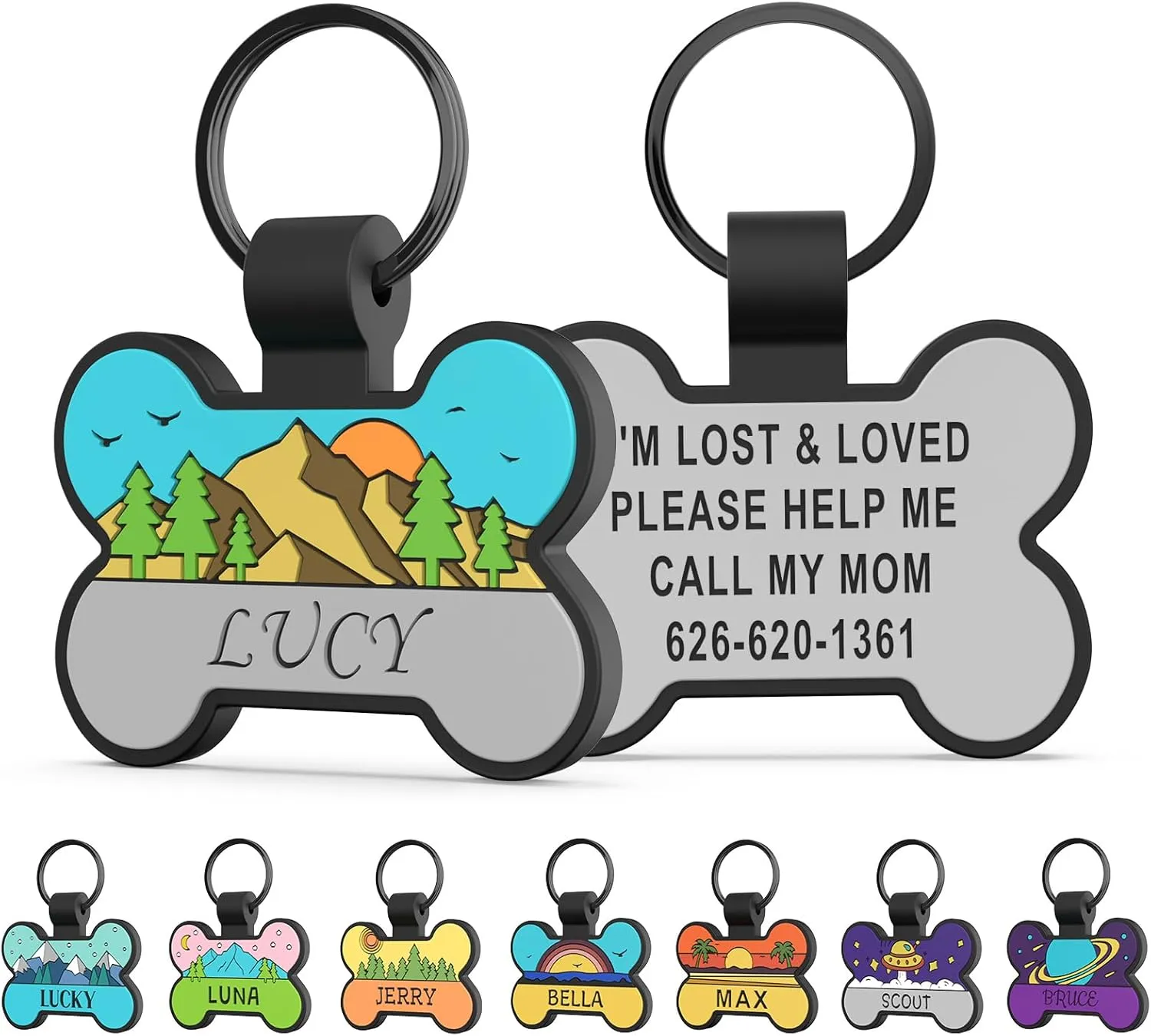 Personalized Silent Silicone Dog Tags - Personalized Cute Bone Shape Deep Engraved Pet ID Tags (Grey Mountain)