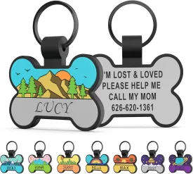 Personalized Silent Silicone Dog Tags - Personalized Cute Bone Shape Deep Engraved Pet ID Tags (Grey Mountain)