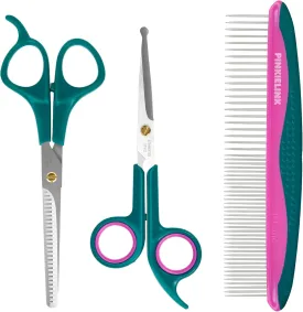Professional Pet Grooming Kit, Stainless Steel Dog & Cat Grooming Shears with Rounded Tip Blades for Safe Fur Trimming, Thinning Shears, Straight Scissors, and Pet Comb (Set of 3)