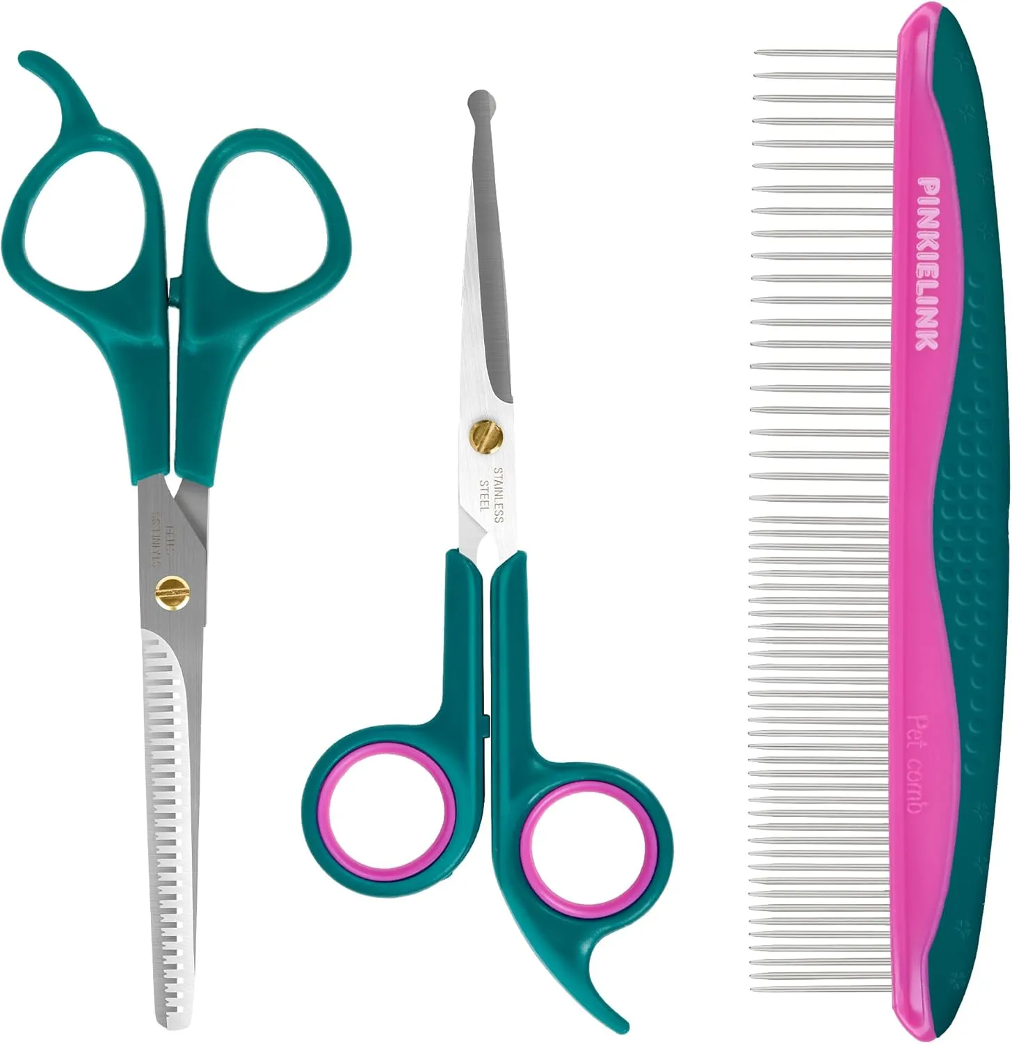 Professional Pet Grooming Kit, Stainless Steel Dog & Cat Grooming Shears with Rounded Tip Blades for Safe Fur Trimming, Thinning Shears, Straight Scissors, and Pet Comb (Set of 3)
