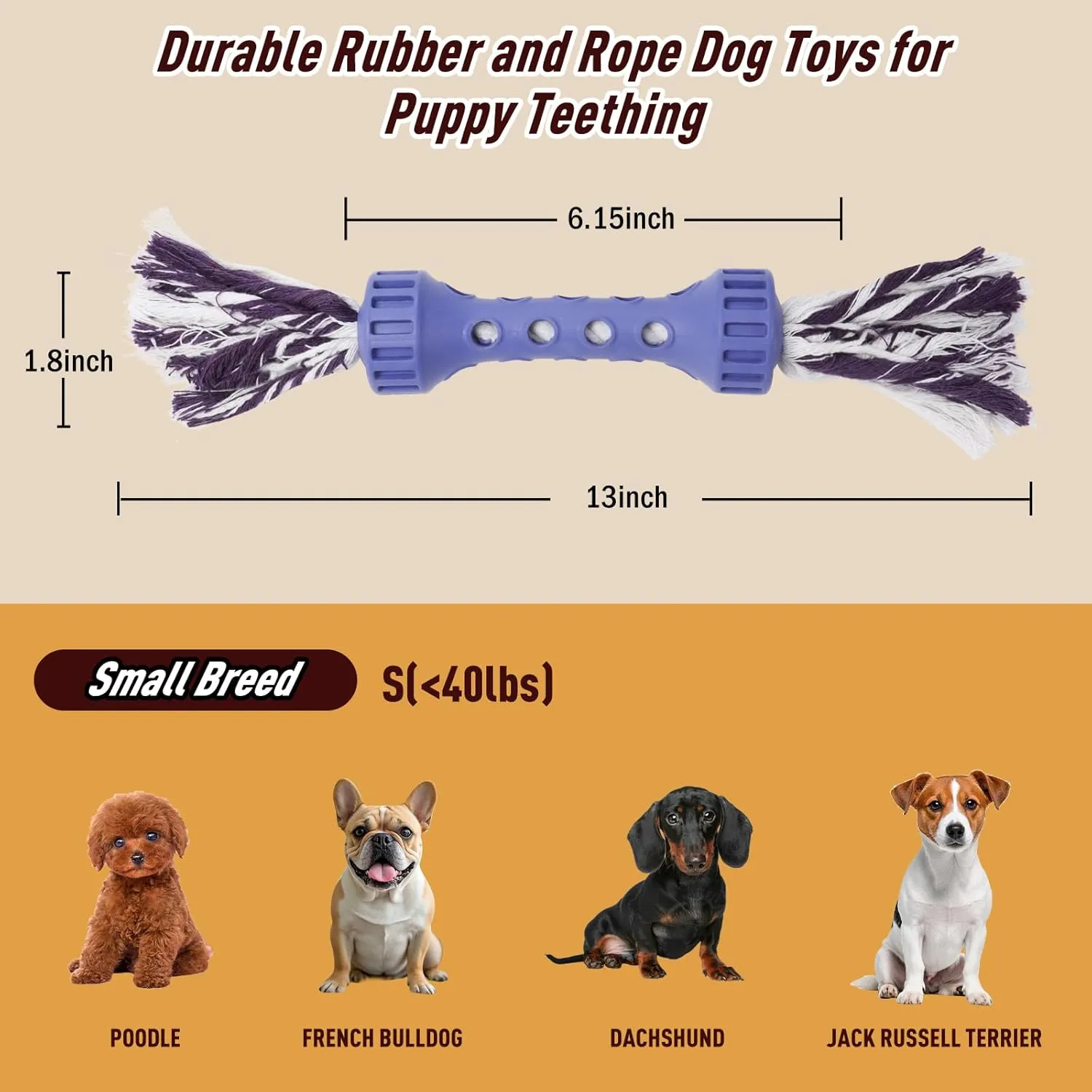 Purple Dog Toy for Small Breeds  Natural Rubber Chew & Tug Toy with Rope Core, 6.15 Puppy Teething Toy for Anxiety Relief, Interactive Fetch & Dental Cleaning for Puppies Under 40 lbs