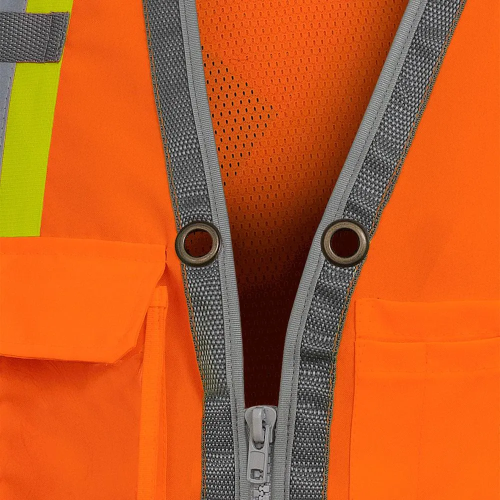 Safety Vest - Pioneer Hi-Viz Orange Mesh Back Zip Front Surveyor's Vest, 6672