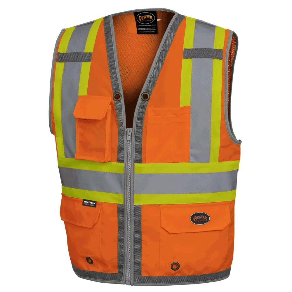 Safety Vest - Pioneer Hi-Viz Orange Mesh Back Zip Front Surveyor's Vest, 6672