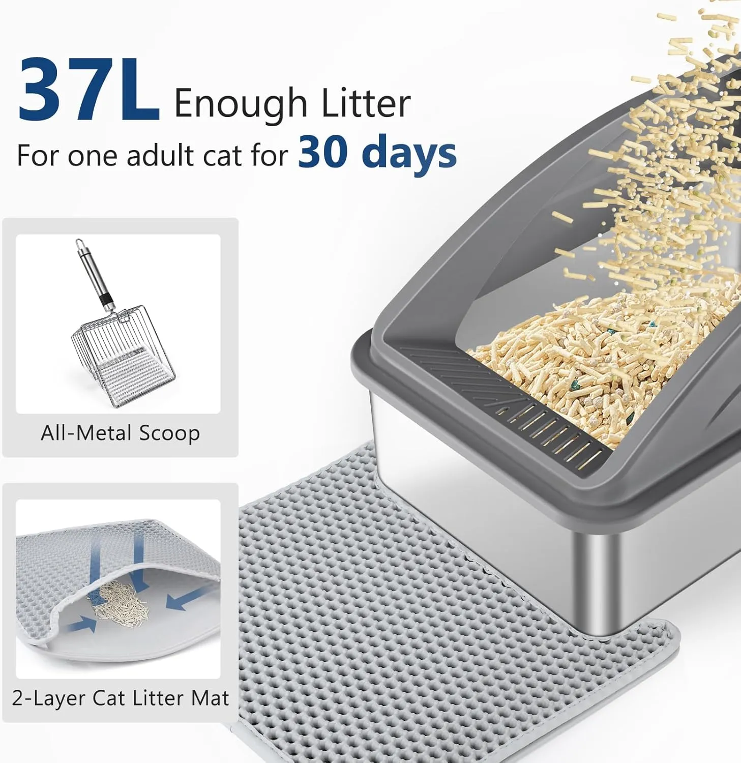 Stainless Steel Litter Box, Extra Large Litter Boxes for Big Cats, XL Metal Cat Litter Box with Lid, Anti-Urine Leakage, Non-Sticky, Include Cat Mat and Litter Scoop
